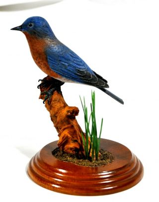 Vintage Carved Painted Wood Bluebird Figurine 1987 Signed By Artist