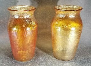 Pair Jeannette Glass Vintage Marigold Iridescent Carnival Glass Tree Bark Vases