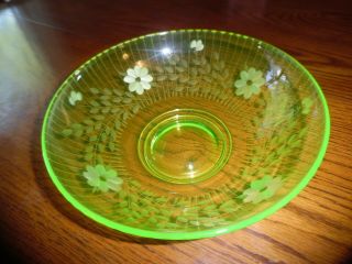 Vintage Vaseline Etched Glass Bowl 9 1/4 "