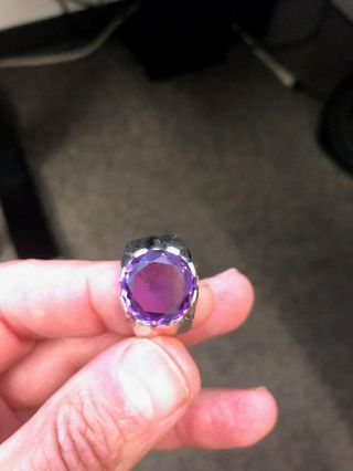 Vintage Mexican Taxco Silver 925 Band Large Solitaire Amethyst Ring Sz 11.  5 3