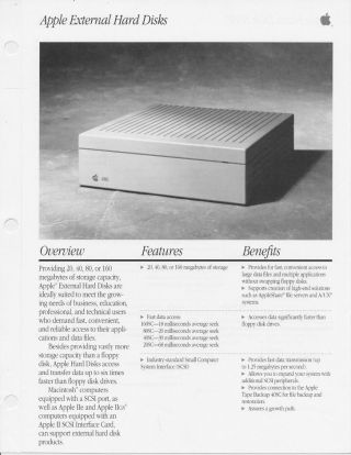 Apple External Hard Disks - 4 Page Spec Sheet 20/40/80/160 Mb - 1989