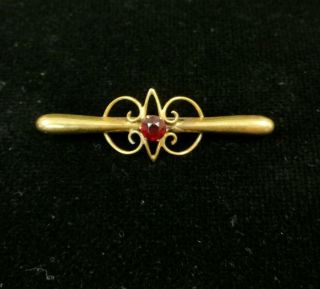 Vintage 9ct Gold Bar Brooch With Cut Red Stone.  1.  8gm Total