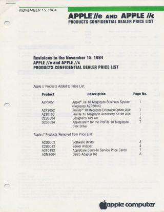 Nov 1984 - Apple //e & //c Products Dealer Price List - 10 Pages