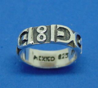 Vintage Signed Heavy Sterling Silver Wide Carved Mexican Motif Ring Band