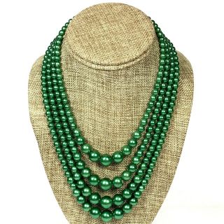 Vintage 4 Strand Faux Pearl Necklace Green Japan Silver Tone 15 " - 18 "