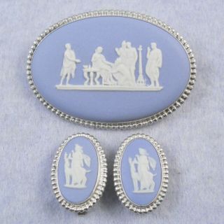 Vintage Silver Wedgwood Jasperware Brooch Similar Clip Earrings Light Blue White