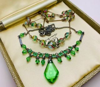 Vintage Jewellery Two Art Deco Green/rainbow/iris Crystal/glass Necklaces