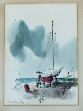 Vintage Robinson Signed Watercolor Painting Seascape Beach Sand Docked Sailboat