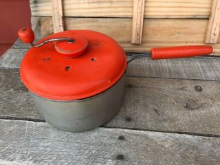 Vintage Stove Top Popcorn Pan,  Orange Lid,  Primitive Decor