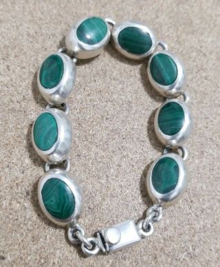 Vintage Sterling Silver 925 Mexico Malachite/green Chain Link Bracelet - 7 1/4 "