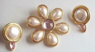 Monet Vintage Brooch Earrings Maltese Cross Pearl & Pink Cabochon Flower