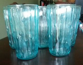 5 Vintage Jeannette Glass Bamboo Tahiti Pattern Blue Drinking Kitchen Glasses