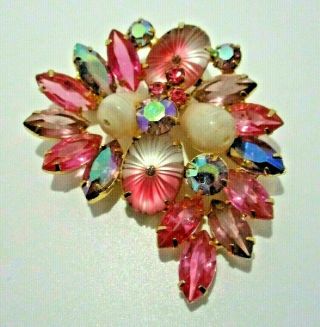 Stunning Rhinestone Vintage Brooch W/various Shades Of Pink Full Of Sparkle