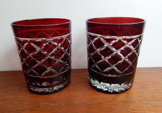 2 Vintage Czech Cranberry Hand Cut Crystal Whiskey High Ball Glass Tumbler