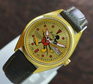 Vintage Citizen Mickey Mouse Gold Plated Day Date 21 Jewels Men ' s Wrist Watch 2