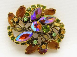 Vintage Delizza & Elster Juliana Ab Topaz Marquis Green Chaton Leaves Pin Brooch