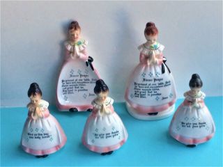 Vintage Enesco Pink Prayer Lady Napkin Holder,  Bell,  Spoon Holder,  Salt & Pepper