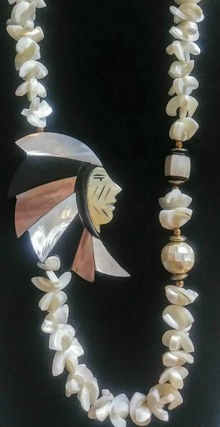 Vintage LEE SANDS Statement Pendant Necklace Native American Indian Chief Shell 2