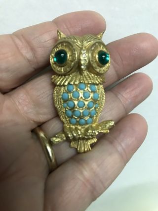 Vintage Signed Denicola Owl Green Stones Gold Tone Pin Brooch