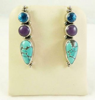 Vintage Sterling Silver Navajo Turquoise,  Topaz,  Charite Earrings