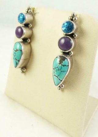 Vintage Sterling Silver Navajo Turquoise,  Topaz,  Charite Earrings 2