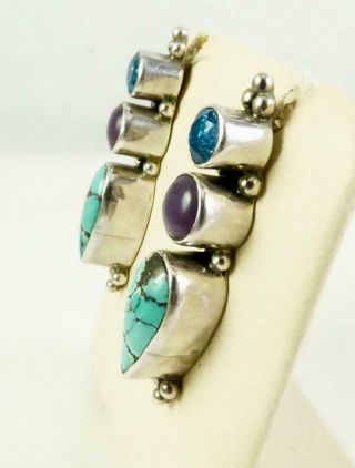 Vintage Sterling Silver Navajo Turquoise,  Topaz,  Charite Earrings 3