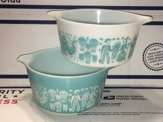 2 Vintage Pyrex Amish Butterprint 473 Bowls White And Turquoise