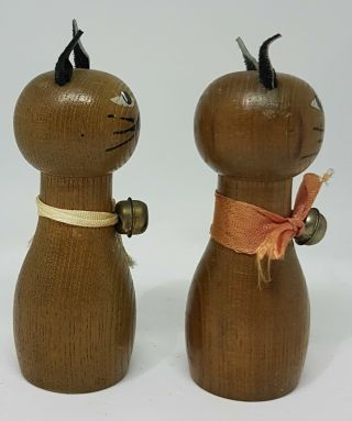 Collectable Vintage SALT & PEPPER Shakers Wooden Cats Leather Ears Bells 9.  5cm 4