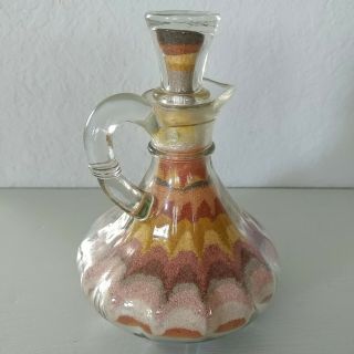 Vintage Sand Art Bottle Glass Cruet / Oil Natural Color Sands 5 " Colorful