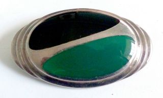 A Vintage 1966 Hallmarked Silver Brooch With Black Onyx & Green Agate