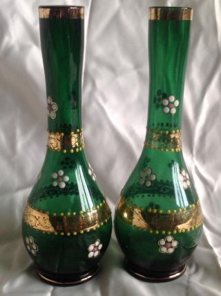 Pair Green Vintage Glass Vases Bud / Stem Bohemian / Czech Enamel & Gilt Flowers