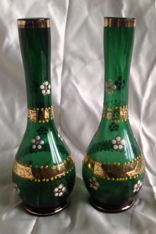 Pair green vintage glass vases bud / stem Bohemian / Czech enamel & Gilt flowers 2