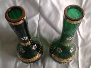 Pair green vintage glass vases bud / stem Bohemian / Czech enamel & Gilt flowers 3