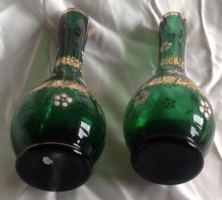 Pair green vintage glass vases bud / stem Bohemian / Czech enamel & Gilt flowers 4