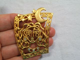 Vintage " Jj " Jonette Jewelry Goldtone Goddess Moon & Stars Pin - Large 2.  5 " Brooch