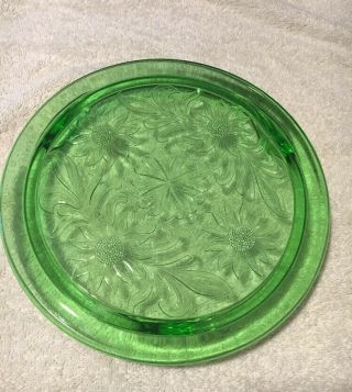 Vintage Sunflower Cake Plate Green Depression Glass Footed
