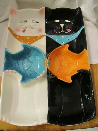 Vintage Clay Art Kitty/cat " Catfish " Chip And Dip 1999