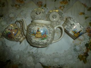 Crinoline Lady Vintage China Teapot,  Milk Jug And Sugar Bowl 1930 