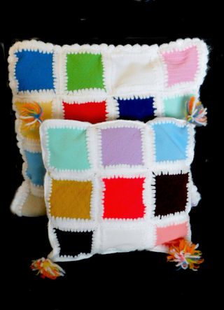 Vtg 70s Granny Square (2) Crochet Pillows 1 Large 1 Small With Tassels Grandma