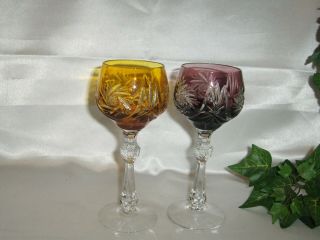 2) Vintage Cut To Clear Crystal Wine Glass Goblets Gold/amethyst Color 7.  5 " Tall