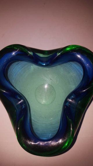 Vintage Murano? Art Glass Heavy Ashtray Clear Blue Green,  Rolled Bent Top Edges