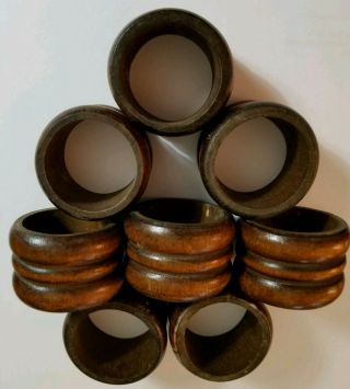 Vintage Dark Wood Napkin Rings Set Of 8 Holders Round Circle