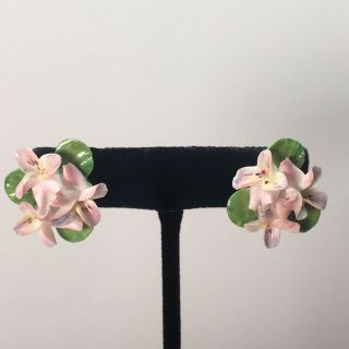 Vintage Clip On Earrings - English Bone China - Fine Porcelain Flowers -
