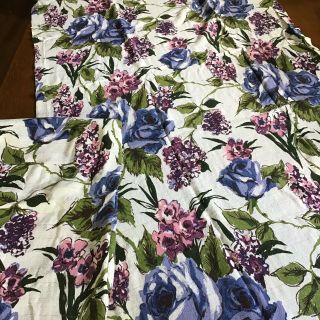 2 Vintage Barkcloth Fabric Curtain Panels - Purple Roses - 83” X 36” -