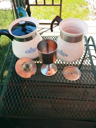 Vintage Corning Ware Blue Cornflower Set 6 Cup Coffee Tea Pot Maker & 2 Qt P - 166