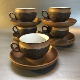 Set Of 3 Denby Vintage England Cotswold Pottery Cups And Saucers Textured