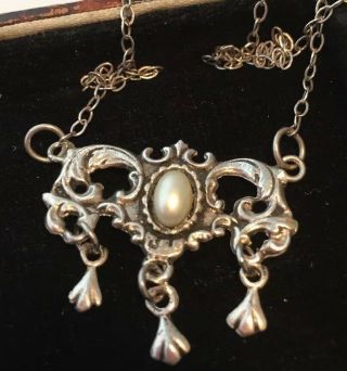 Vintage Art Deco Jewellery Sterling Silver Baroque Design Pendant Drop Necklace