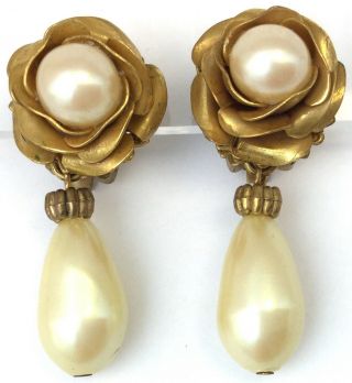 Vintage Earrings Dangling Faux Pearl Drops Metal Flower Clip Back Style Jewelry