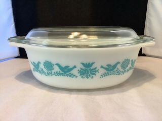 Vintage Pyrex 043 Turquoise Blue Bird Casserole With Cover 1 1/2 Qt G31