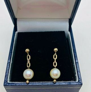 Vintage Jewellery 9ct Gold Real Pearl Drop Pierced Earrings (boxed)